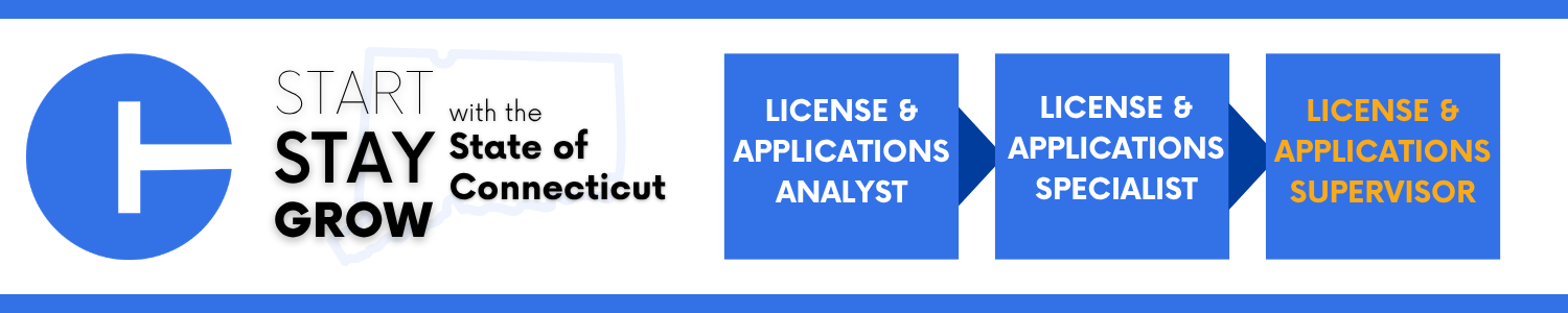 "Banner showing a career pathway for the State of Connecticut. On the left is a blue circular logo. Next to it is the text 'Start Stay Grow with the State of Connecticut.' To the right, three connected blue boxes list job titles: 'License & Applications Analyst,' 'License & Applications Specialist,' and 'License & Applications Supervisor' (with the supervisor title highlighted in orange)."